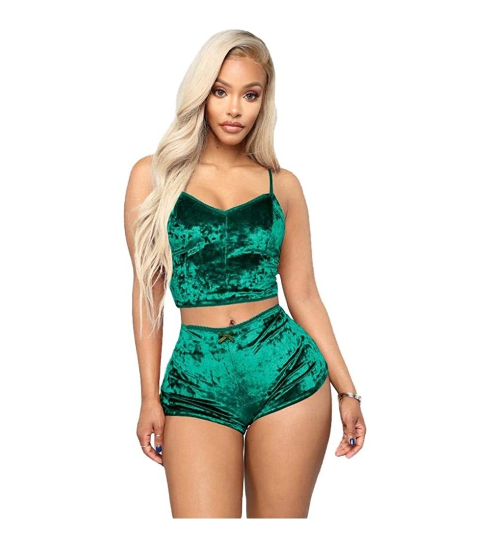 Sets Women's Sexy Velvet Strappy Camisole Cami Top Shorts 2 Piece Pajama Sleepwear Outfit Nightwear Set - Green - CX19DICUYNN...