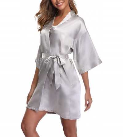 Robes Women's Satin Kimono Robes Short Wedding Bathrobes Bridal Party Dressing Gown - Grey - CN18SGKSMRZ $9.15