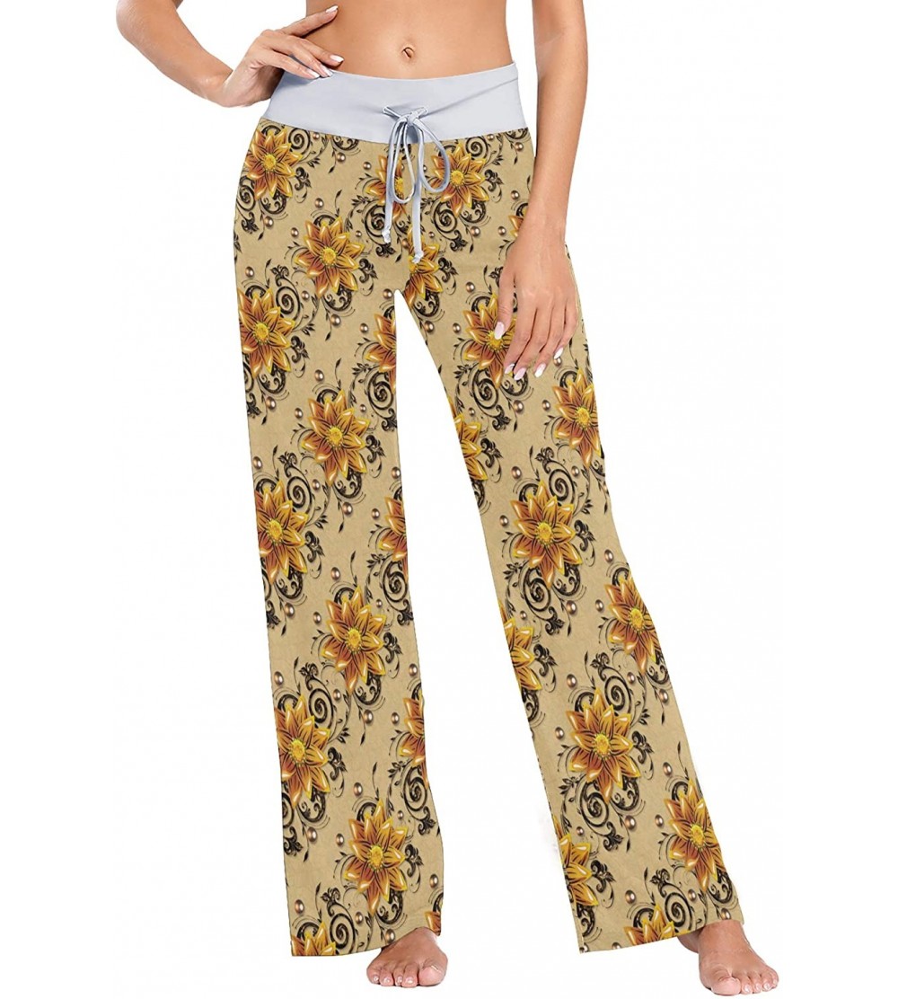 Bottoms Texture Golden Flowers Pattern Women Loose Palazzo Casual Drawstring Sleepwear Print Yoga Pants - CA19D8UNACH $27.83