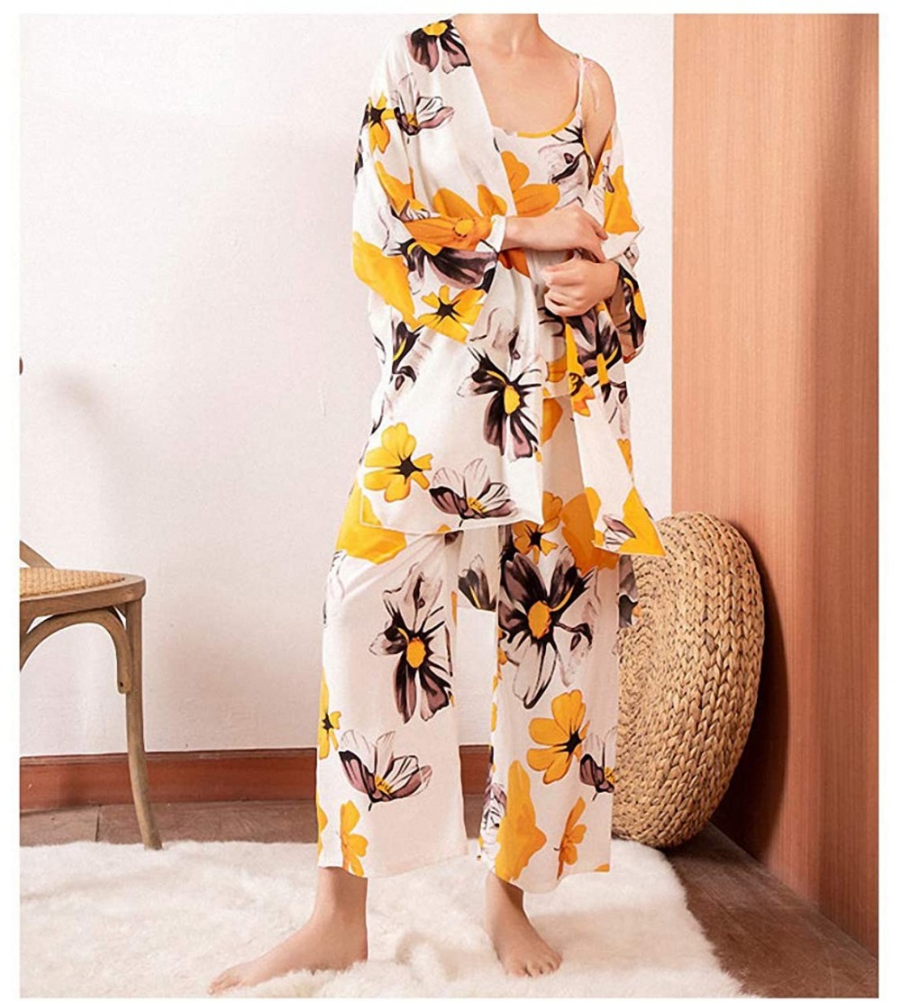 Sets 3 pcs Soft Pajama Set for Spring Fall Ladies Sleepwear Floral Printed Pink Leaves Cardigan+Camisole+Pants Homewear - Col...