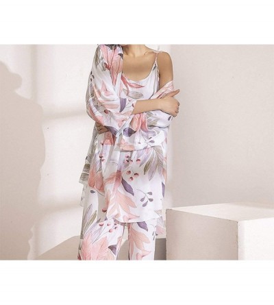 Sets 3 pcs Soft Pajama Set for Spring Fall Ladies Sleepwear Floral Printed Pink Leaves Cardigan+Camisole+Pants Homewear - Col...