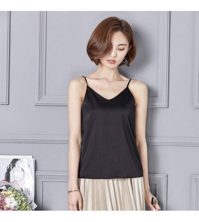 Tops Tank Crop Tops Women Sexy Silk Ladies Tops Camisole Bottom Blouse Soft Satin Shirt - Black - CF18NCNK8HX $17.79