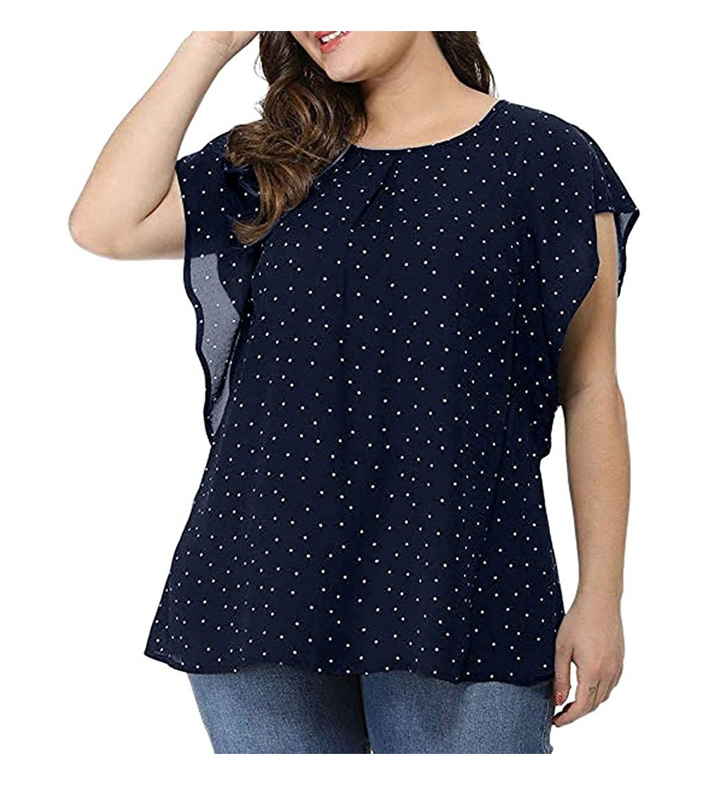 Thermal Underwear Womens Plus Size Floral Print Shirt Belted Surplice Peplum Blouse V-Neck Tops - A-navy - CL193ZKOC5A $20.30