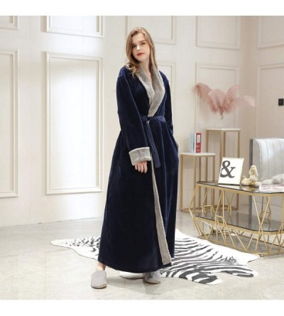 Robes Womens Splice Thicken Coral Fleece Robe Bathrobe Gown Pajamas Sleepwear Pocket - Navy - CC194IA3R2E $36.92