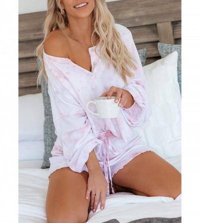 Sets Womens Tie Dye Pajamas Set Long Sleeve Tops and Shorts Lounge Set Nightwear - A Pink - CO198OI2QUI $32.02