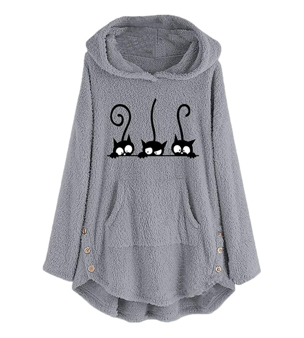 Tops Women Cute Cat Long Sleeve Sweatshirt Dress Letter Print Cat Ear Hoodie Loose Casual Baggy Pullover T Shirt Gray c - CL1...