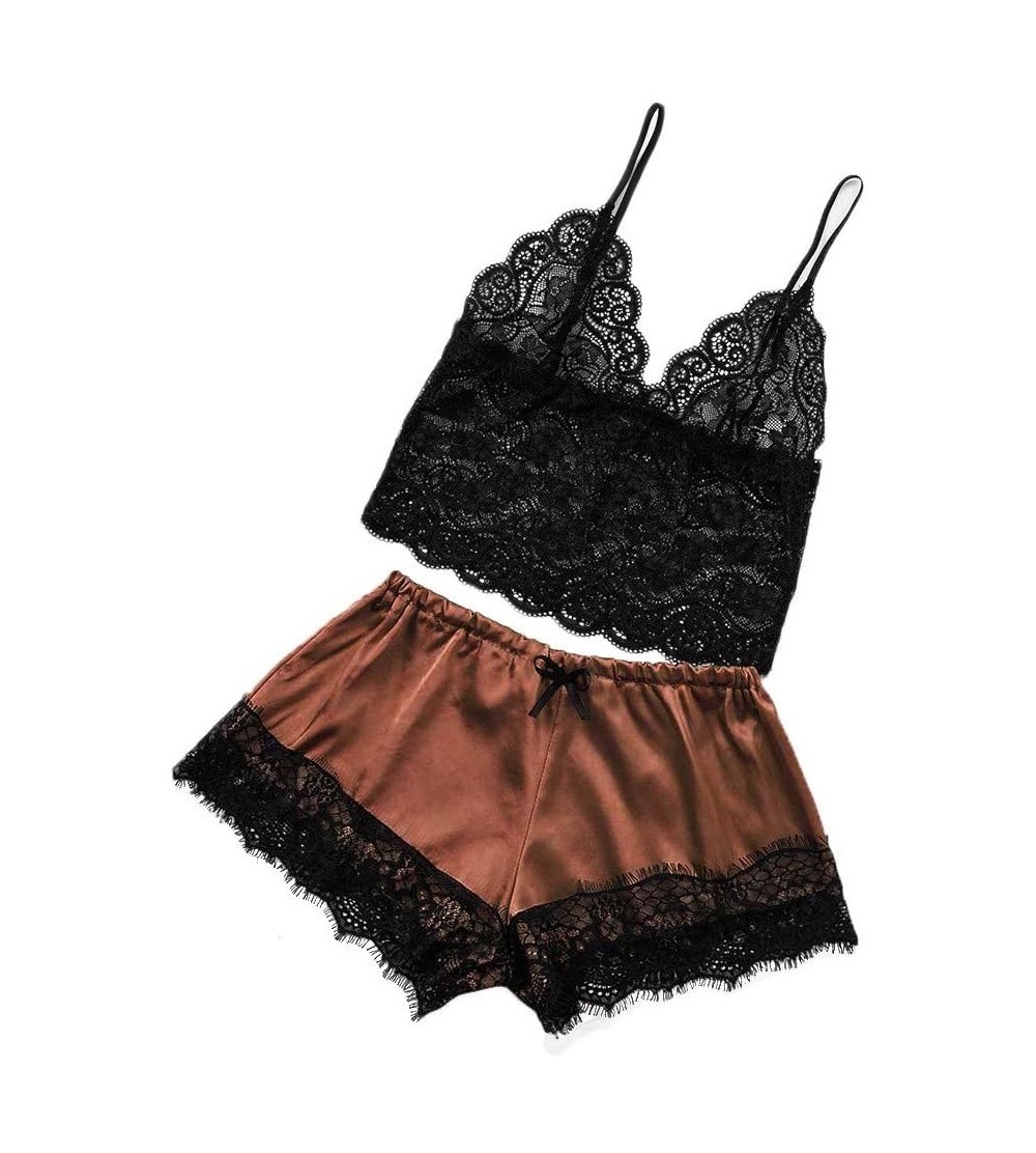 Sets Women's Sleepwear Sets- Sexy Lace Cami Top with Shorts 2 Piece Lounge Pajama Set - Brown - C81954WUZ7M $10.97