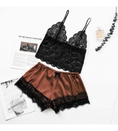 Sets Women's Sleepwear Sets- Sexy Lace Cami Top with Shorts 2 Piece Lounge Pajama Set - Brown - C81954WUZ7M $10.97