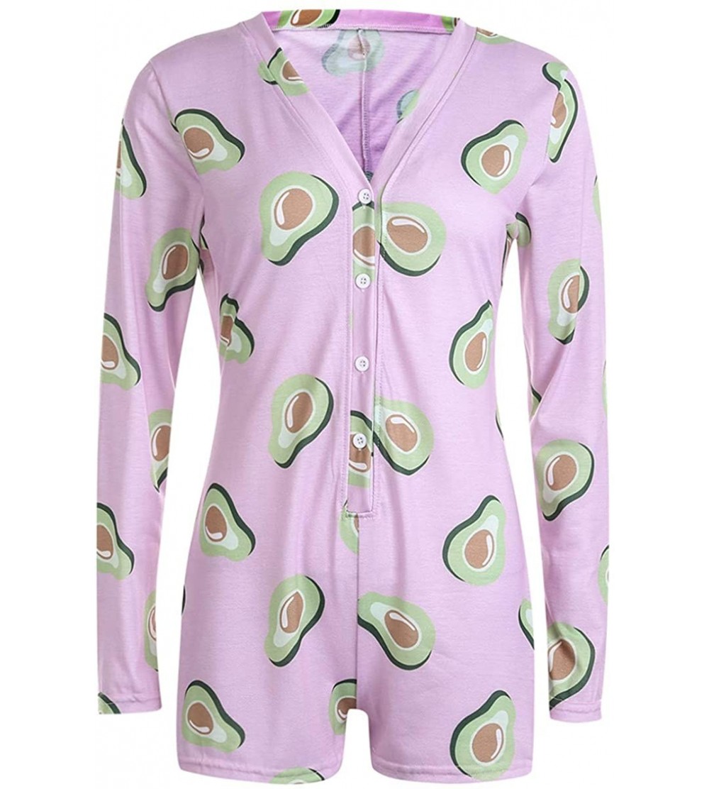 Sets Women Sexy Fruit Print Long Sleeve Button Down One Piece Romper Sleepwear Cotton Pajamas - B-pink Avocado - CT199DSKD9O ...