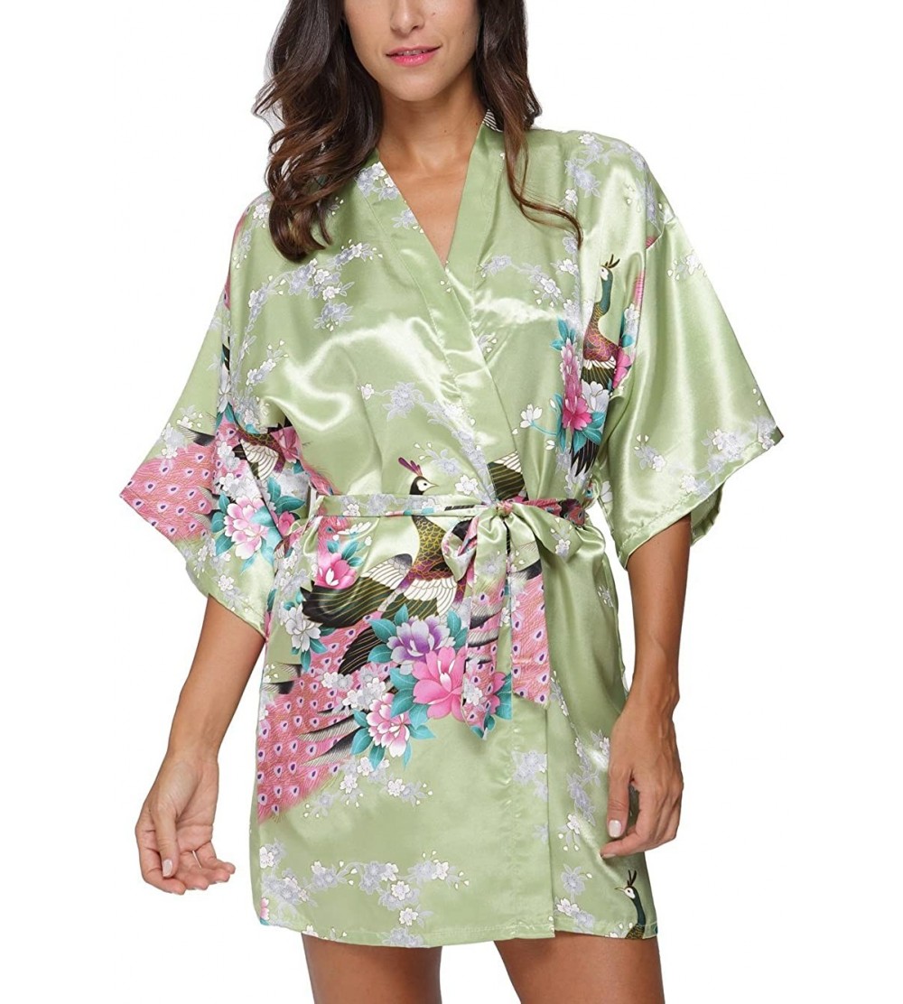 Robes Women's Short Satin Kimono Robe Floral Peacock Patterned Bathrobe Silky Bridal Nightwear - Light Green - CW12ICBOW9P $1...