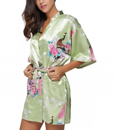 Robes Women's Short Satin Kimono Robe Floral Peacock Patterned Bathrobe Silky Bridal Nightwear - Light Green - CW12ICBOW9P $1...