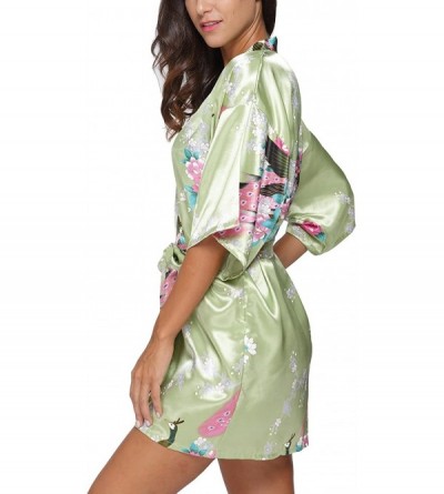 Robes Women's Short Satin Kimono Robe Floral Peacock Patterned Bathrobe Silky Bridal Nightwear - Light Green - CW12ICBOW9P $1...