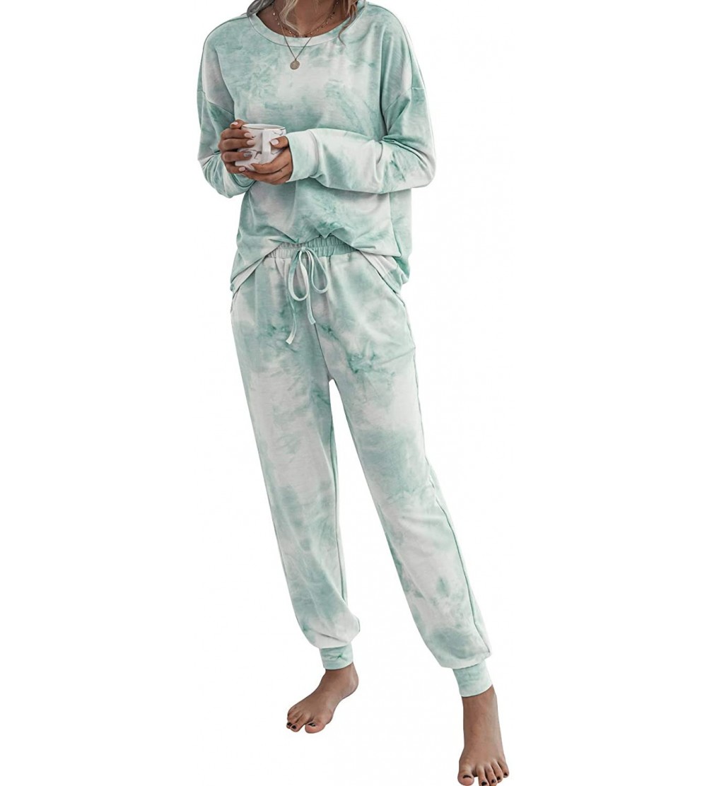 Sets Women Tie Dye Pajamas Sets Long Sleeve Sweatshirt Pants Lounge Set Loungewear Nightwear Pjs - Green - CJ19CCYOA7D $34.87