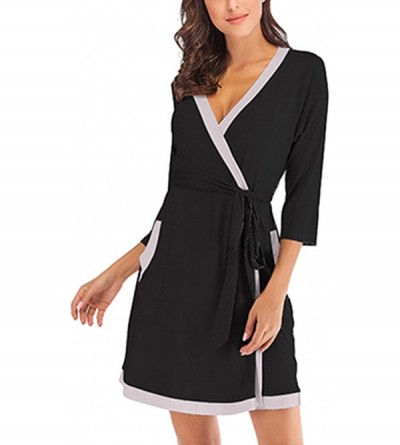 Robes Women's Kimono-Robes Short V-Neck Bathrobe Sexy Soft Ladies Sleepwear Lightweight Loungwear - Black - C9198Q07QTT $20.52