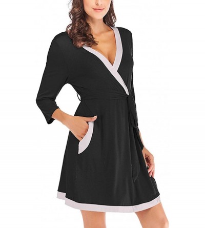 Robes Women's Kimono-Robes Short V-Neck Bathrobe Sexy Soft Ladies Sleepwear Lightweight Loungwear - Black - C9198Q07QTT $20.52