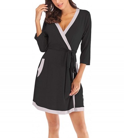 Robes Women's Kimono-Robes Short V-Neck Bathrobe Sexy Soft Ladies Sleepwear Lightweight Loungwear - Black - C9198Q07QTT $20.52