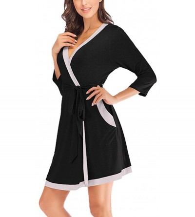 Robes Women's Kimono-Robes Short V-Neck Bathrobe Sexy Soft Ladies Sleepwear Lightweight Loungwear - Black - C9198Q07QTT $20.52