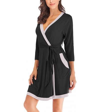 Robes Women's Kimono-Robes Short V-Neck Bathrobe Sexy Soft Ladies Sleepwear Lightweight Loungwear - Black - C9198Q07QTT $20.52