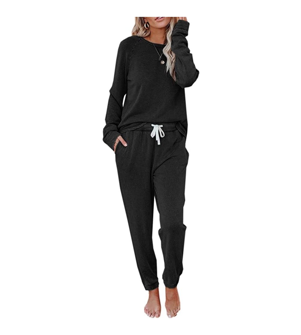 Sets Womens Sweatshirt Sets Long Sleeve Round Neck Drawstring Pants Loungewear Casual Solid Sleepwear Active Sportswear - A-b...