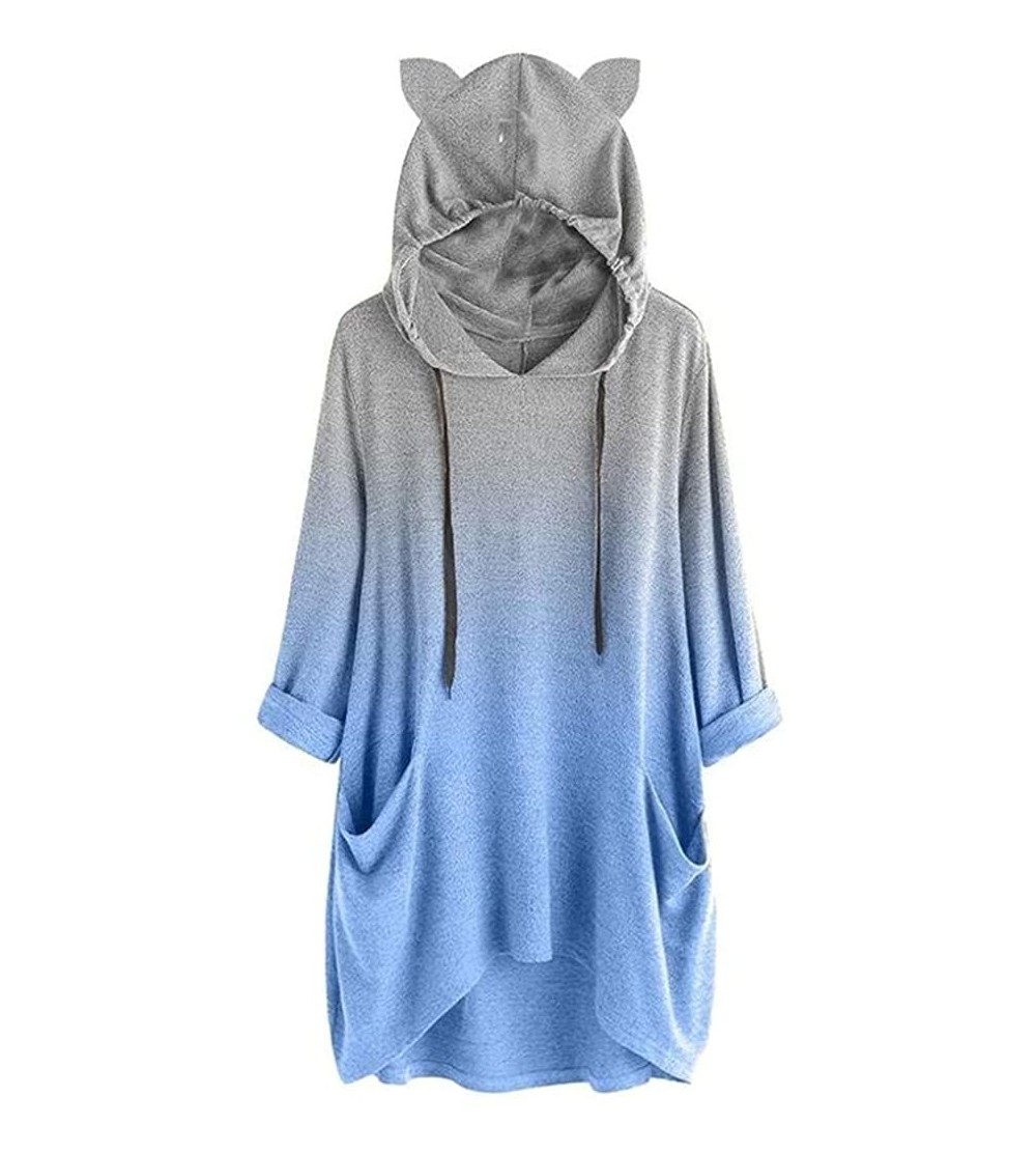 Thermal Underwear Women Long Sleeve Cat Ear Print Blouse Casual Hooded Sweatshirt Pullover Top - A-blue - C018XX85ZA8 $23.81