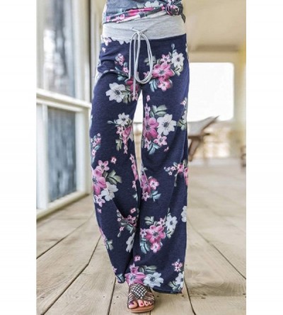 Bottoms Women's Comfy Casual Pajama Pants Floral Print Drawstring Palazzo Lounge Pants Wide Leg - Blue 6 - CX18G2UH2NM $19.28