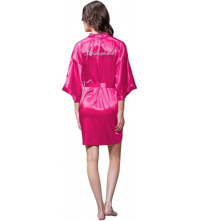 Robes Maid of Honor Women's Satin Kimono Rhinestone Robe for Bridesmaid and Bride Wedding Party - Fuchsia - CE199QNWY3E $23.76