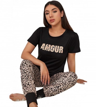 Sets Women's Letter Print Tee and Plaid Pants Pajama Set Sleepwear - Black Leopard - C3197CYUWM9 $20.61