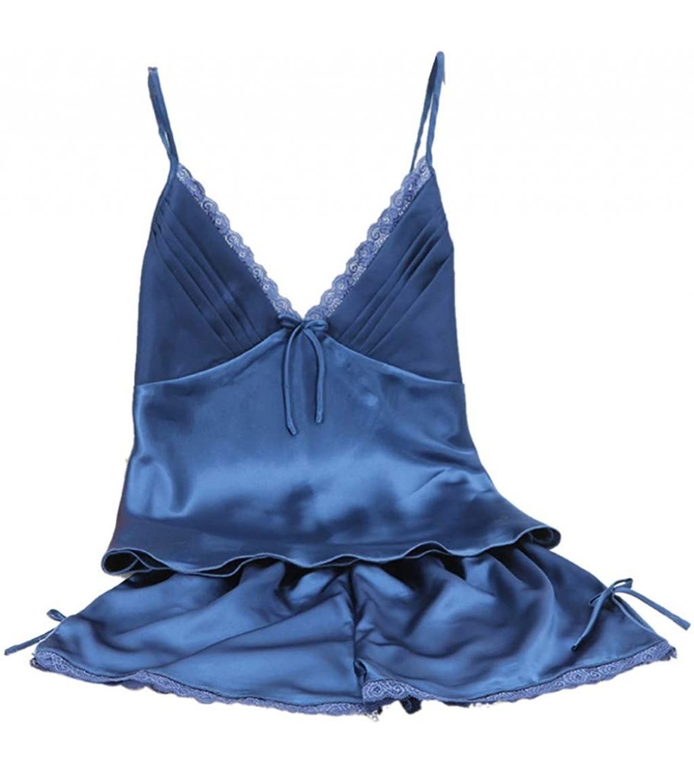 Sets Sling Nightwear-Women's Bow Lace Satin Sleepwear Cami Top and Shorts Pajama Set - Blue - C118N8TLCCN $11.37