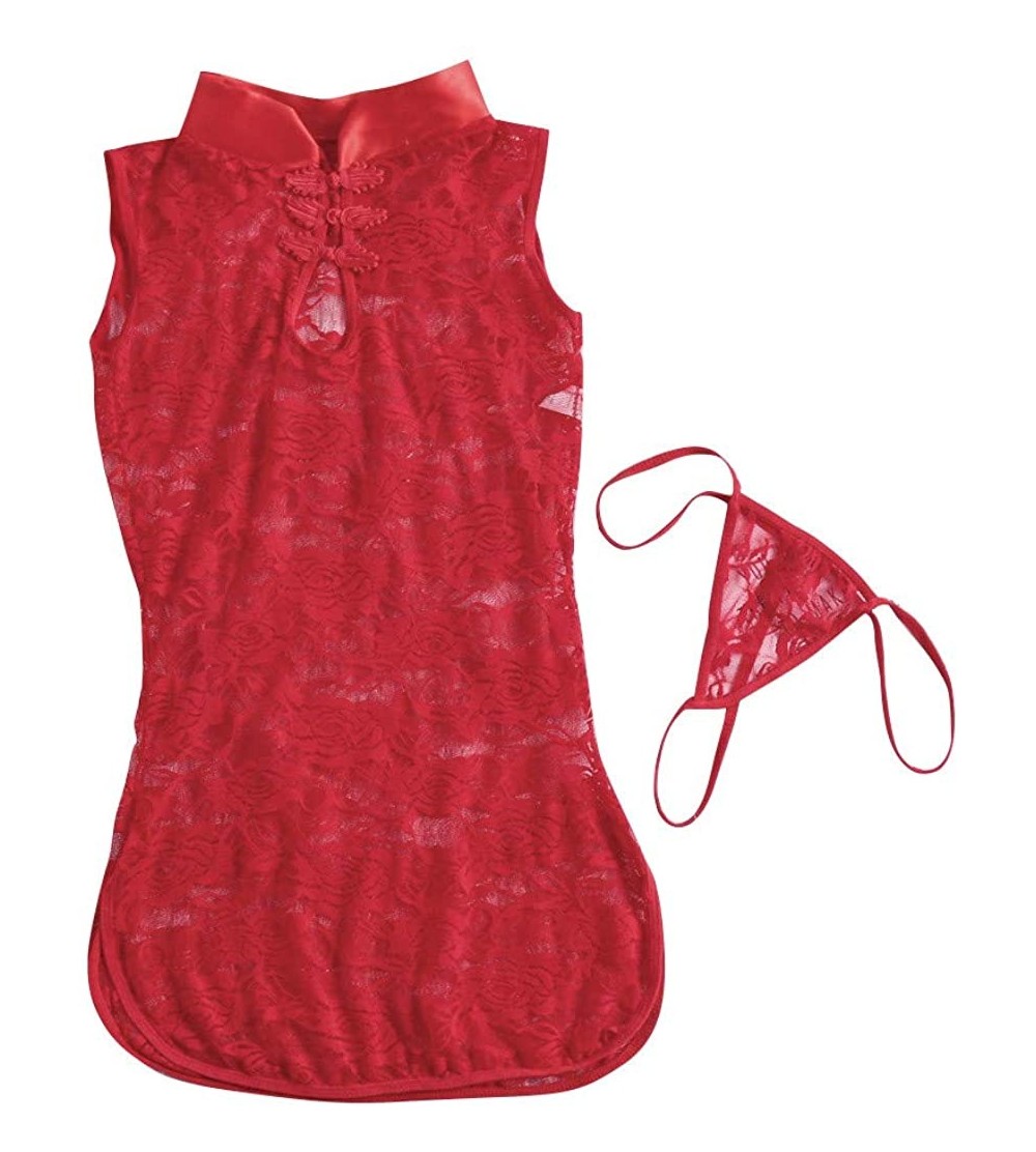 Sets 2020 Women Sexy Lingerie Lace Sleepwear Sleeveless Underwear Robe Pajama Set - Red - CH194AEQSMO $9.47