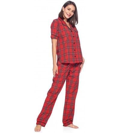 Sets Womens Short Sleeve Pajamas Set | Woven Plaid Sleepwear & Loungewear Button Down Shirt PJ Set Red/Black Stewart - CN18UU...