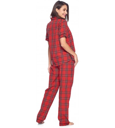 Sets Womens Short Sleeve Pajamas Set | Woven Plaid Sleepwear & Loungewear Button Down Shirt PJ Set Red/Black Stewart - CN18UU...