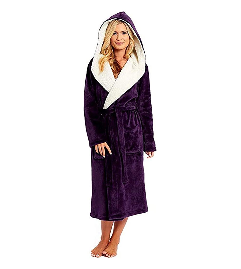 Robes Women Winter Plush Lengthened Shawl Bathrobe Home Soft Long Sleeved Robe Coat with Belt - Purple - CB193QK54ZU $18.01