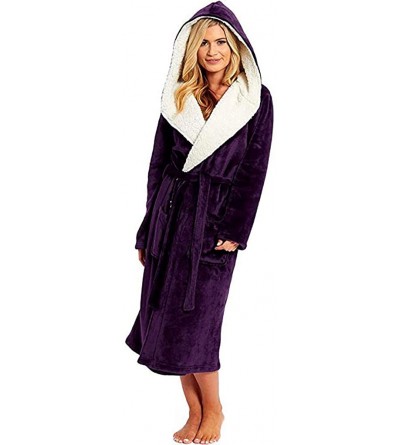 Robes Women Winter Plush Lengthened Shawl Bathrobe Home Soft Long Sleeved Robe Coat with Belt - Purple - CB193QK54ZU $18.01