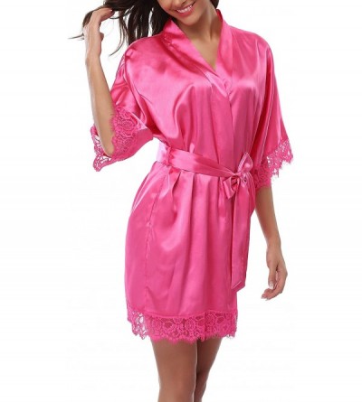 Robes Women Satin Short Robes for Bridesmaid Bride Sexy Nightgown Lace Trim Lightweight Bathrobe - Rosy - C017XSSKXTY $15.61