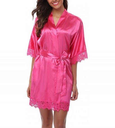 Robes Women Satin Short Robes for Bridesmaid Bride Sexy Nightgown Lace Trim Lightweight Bathrobe - Rosy - C017XSSKXTY $15.61