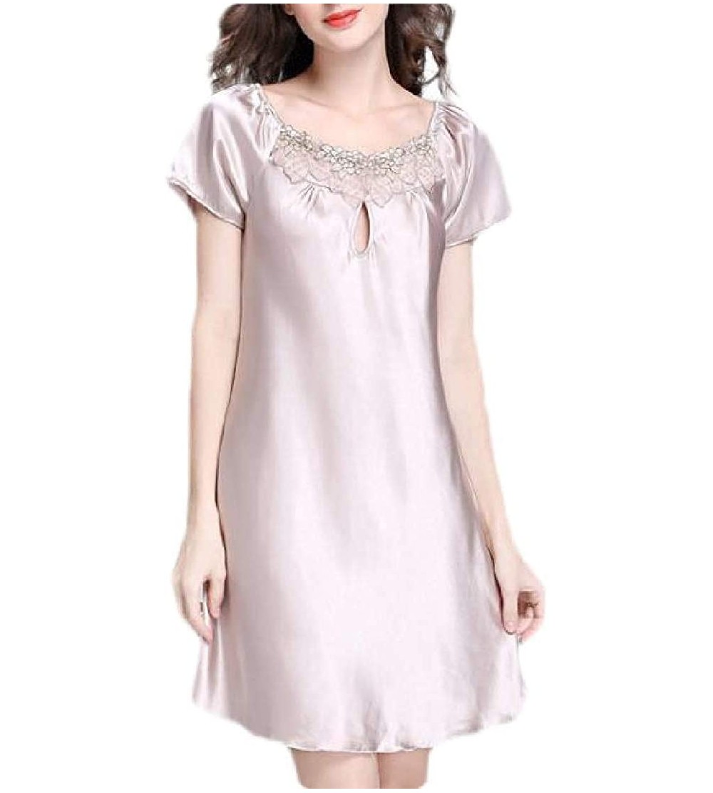 Nightgowns & Sleepshirts Women's Summer Satin Short Sleeve Nightwear Comfort Soft Nightgown Sleep Dress - Camel - CD19DDZSEC0...