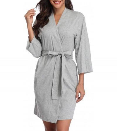 Robes Women Kimono Robes Cotton Lightweight Short Knit Bathrobe V-Neck Sleepwear Ladies Loungewear - Light Grey - CY18XDT2XRY...