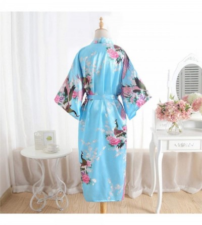 Robes Kimono Long Bath Robe Gown Silky Peacock Bridesmaid Bridal Yukata Shower Womens Gift - Lake Blue - CI194CAKTOR $14.79