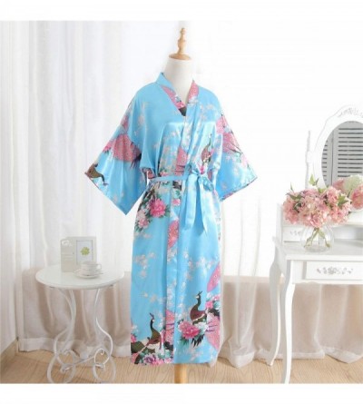 Robes Kimono Long Bath Robe Gown Silky Peacock Bridesmaid Bridal Yukata Shower Womens Gift - Lake Blue - CI194CAKTOR $14.79