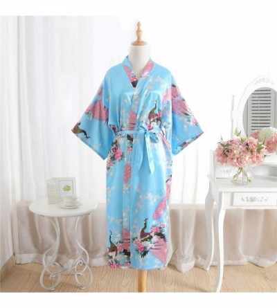 Robes Kimono Long Bath Robe Gown Silky Peacock Bridesmaid Bridal Yukata Shower Womens Gift - Lake Blue - CI194CAKTOR $14.79