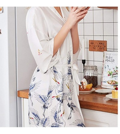 Nightgowns & Sleepshirts Women Crane Printed Satin Short Kimono Bridesmaid Bathrobe Wedding Party Robe with Belt Silk Pajamas...