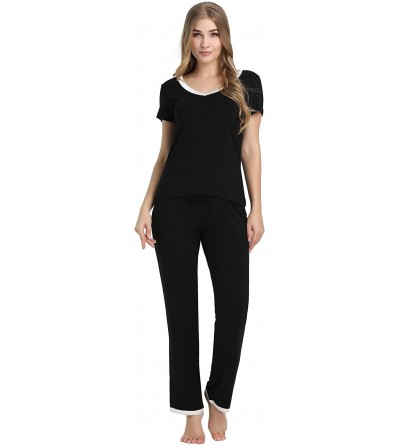 Sets Women's Bamboo Pajama Wicking Sleepwear Short Sleeves Top with Pants Set - Long-black - CZ18E8YNXUA $38.70