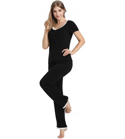 Sets Women's Bamboo Pajama Wicking Sleepwear Short Sleeves Top with Pants Set - Long-black - CZ18E8YNXUA $38.70