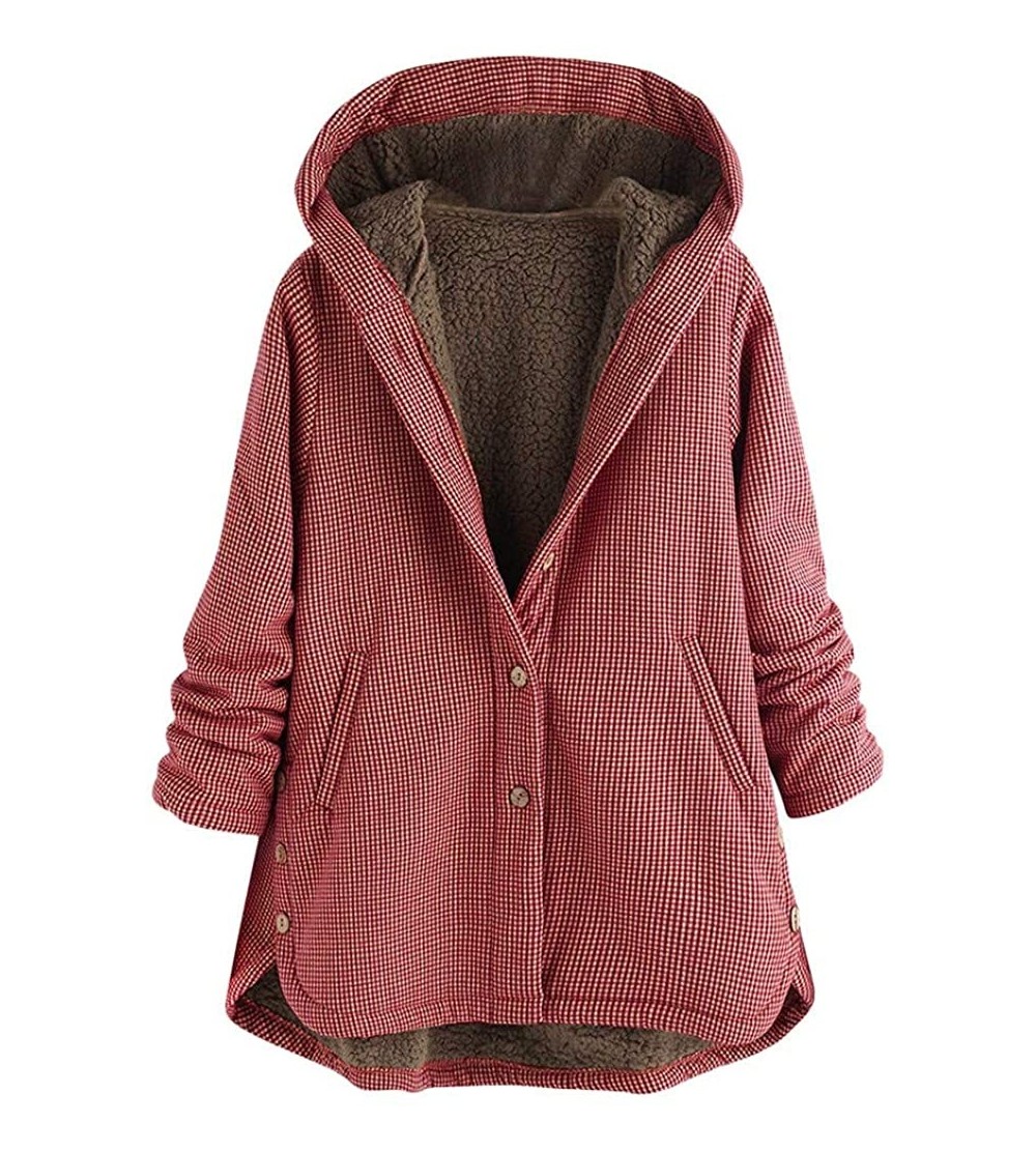 Thermal Underwear Women Hooded Cotton Linen Fluffy Fur Zipper Coat Floral Print Pockets Vintage Oversize Outwear - C-red - CW...