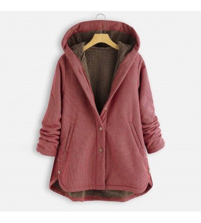 Thermal Underwear Women Hooded Cotton Linen Fluffy Fur Zipper Coat Floral Print Pockets Vintage Oversize Outwear - C-red - CW...