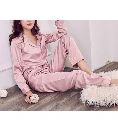 Sets Women's Satin Pajama Set Long Sleeve Silk Sleepwear Loungewear Pj Sets - Pink - CJ18N9A6CMA $22.21