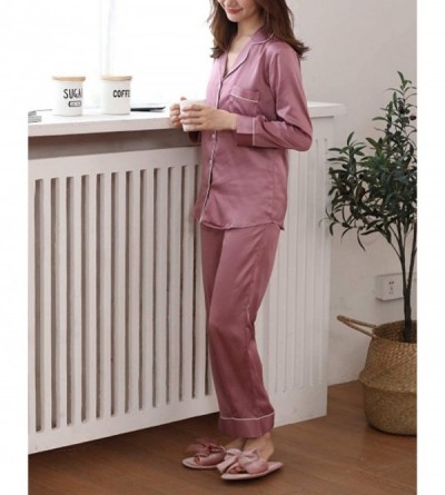 Sets Women's Satin Pajama Set Long Sleeve Silk Sleepwear Loungewear Pj Sets - Pink - CJ18N9A6CMA $22.21