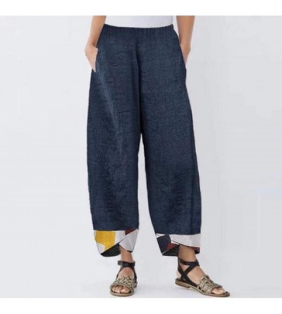 Bottoms Womens Cotton Linen Loose Printed Elastic Waist Casual Trousers Irregular Nine Points Pants - Dark Blue - C419DYA0263...