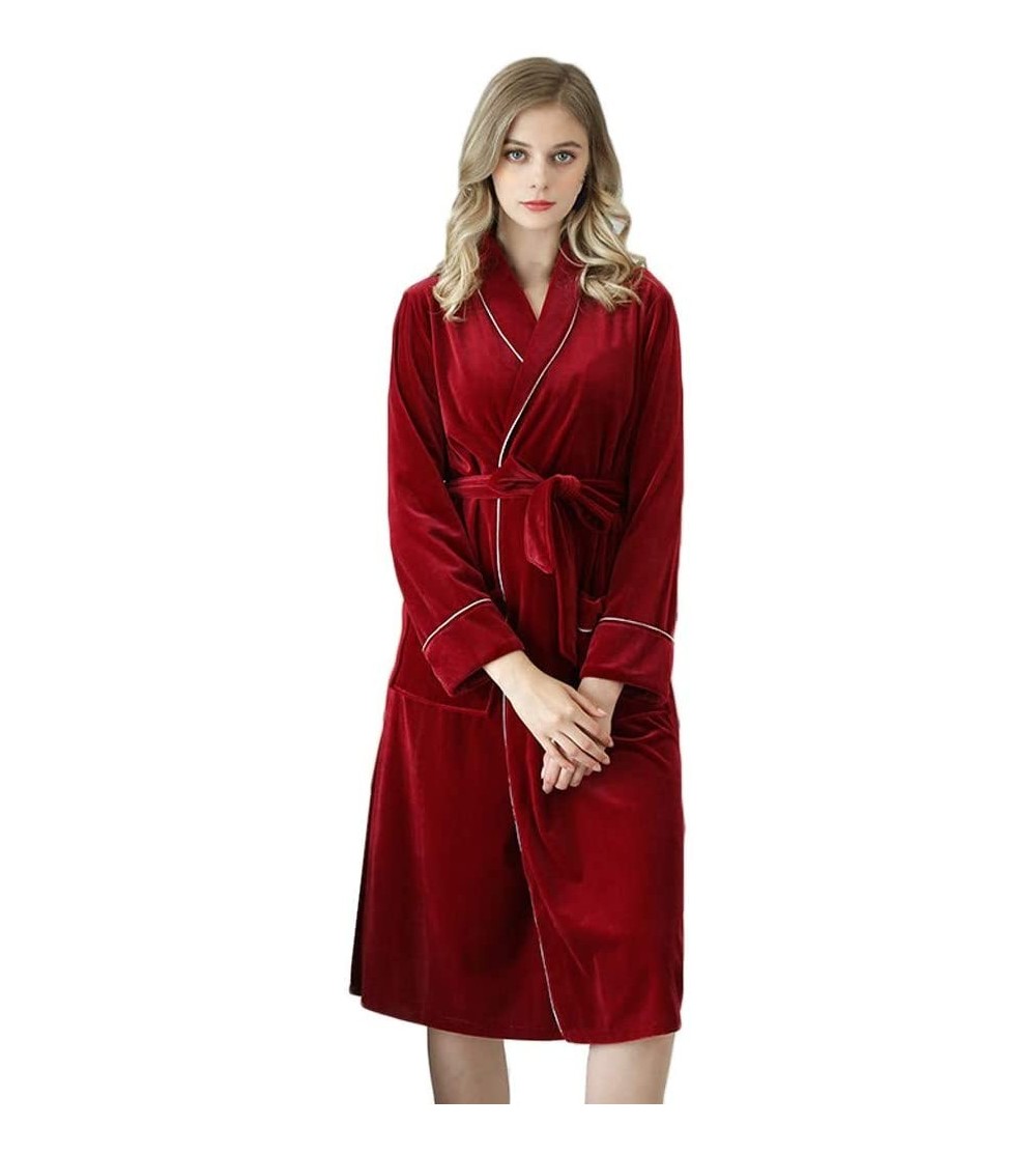 Tops Autumn Winter Womens Velvet Robe Bathrobe Wedding Bridal Gown Warm Pajamas Long Sleeve Pocket Sleepwear Belts Wine - CH1...