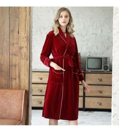 Tops Autumn Winter Womens Velvet Robe Bathrobe Wedding Bridal Gown Warm Pajamas Long Sleeve Pocket Sleepwear Belts Wine - CH1...